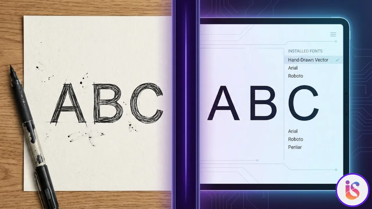 Split-Screen: Handschrift auf Papier vs. digitaler Font auf Tablet.